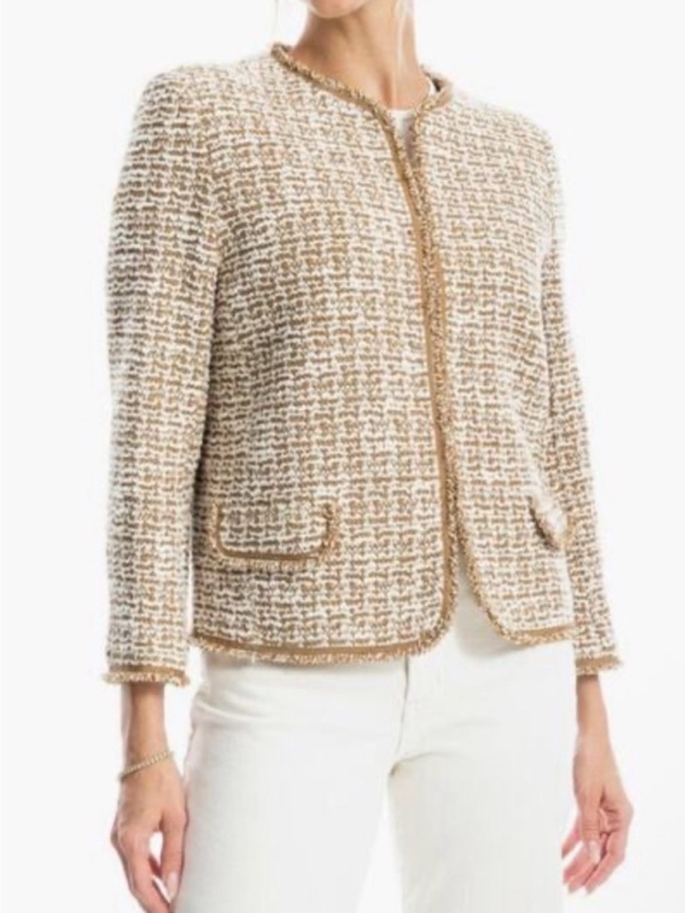 NEW Max Studio Cream & Tan Tweed Fringe Jacket